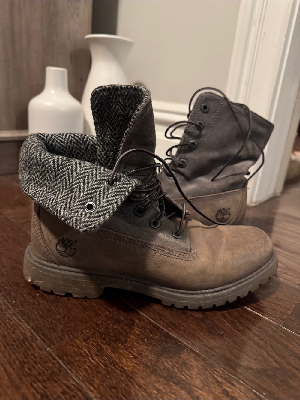 Timberland Brown and Black Fold-Down Herringbone Cuff Boots